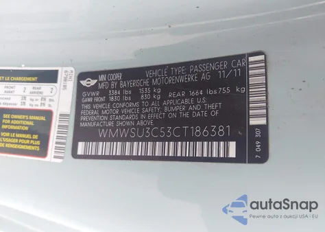 2012 Mini Cooper from USA, damaged, VIN WMWSU3C53CT186381